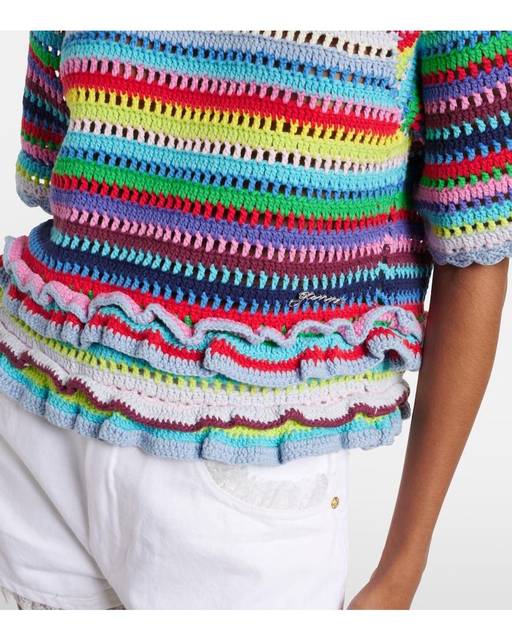 Top De Croche De Algodon A Rayas Ganni de color Blue