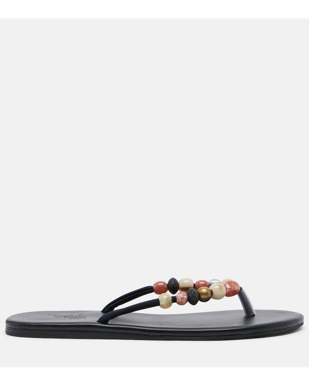 Ancient Greek Sandals Gray Saionara Beaded Leather Thong Sandals