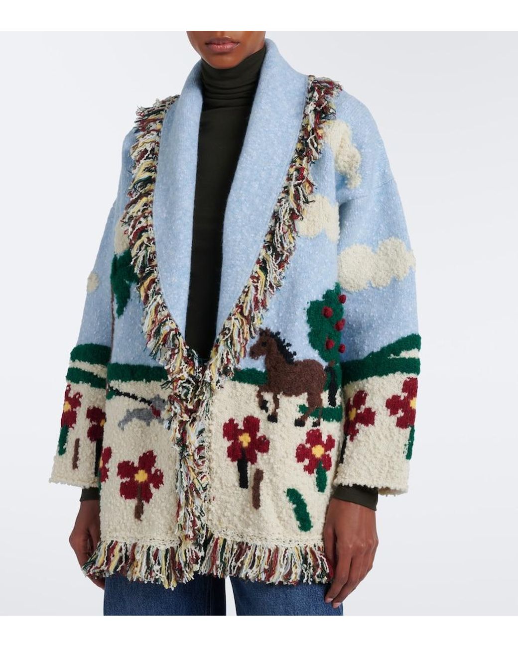 Alanui Blue Casa Intarsia Wool-Blend Cardigan