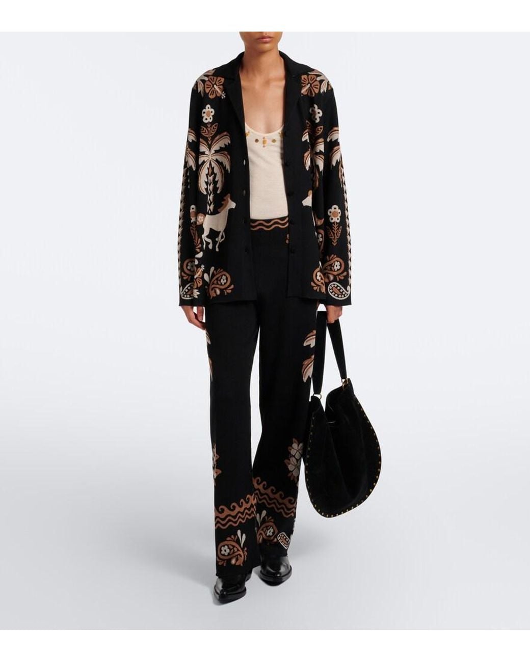 Alanui Black Island Roots Wool And Silk-Blend Wide Leg Pants