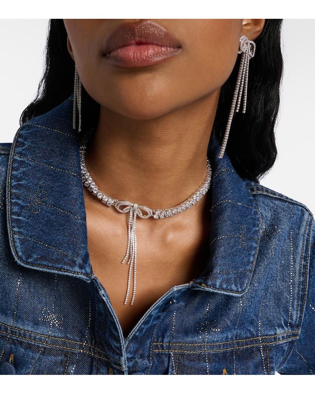 Self-Portrait White Bow Crystal-Embellished Choker