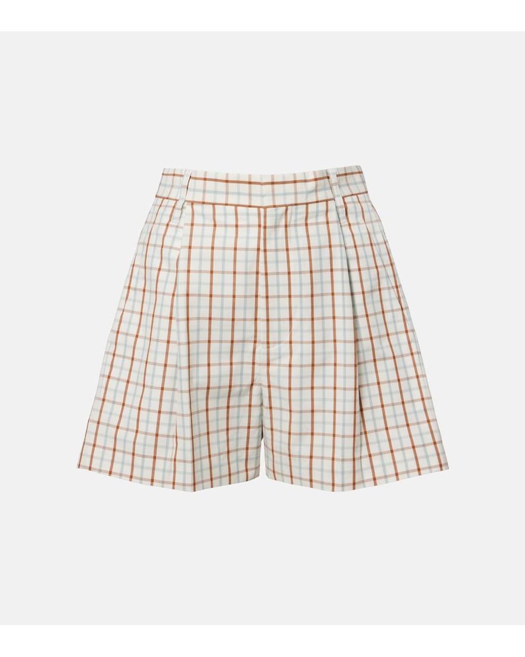 Victoria Beckham Natural Checked Pleated Cotton Shorts