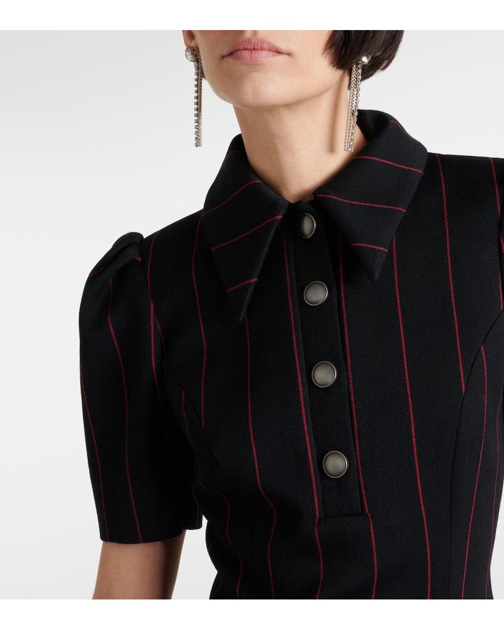 Alessandra Rich Black Pinstripe Collared Wool-Blend Minidress