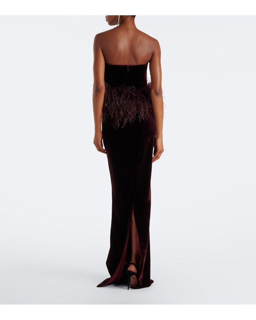 The New Arrivals Ilkyaz Ozel Black Feather-Trimmed Velvet Bustier Gown