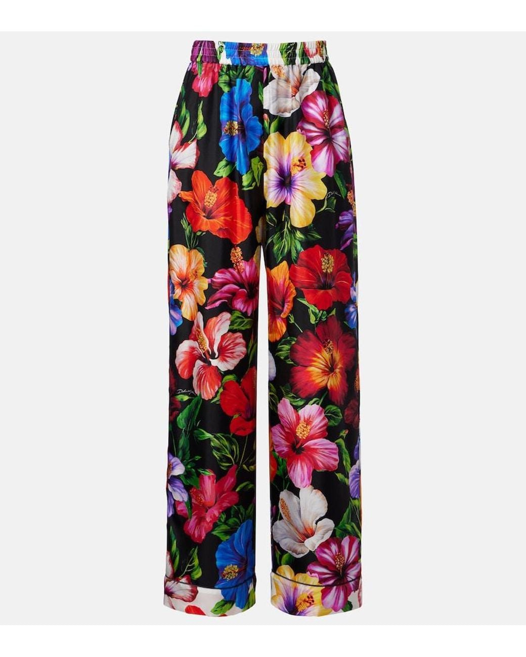 Dolce & Gabbana Red Floral Silk Wide-Leg Pants