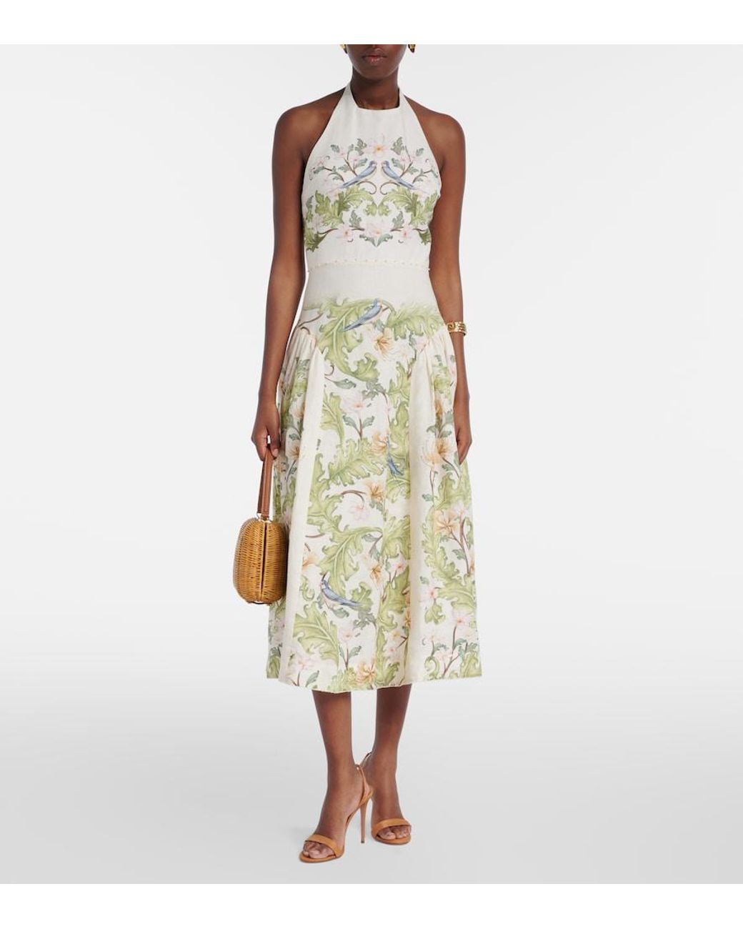 Agua Bendita Metallic Balsa Anhelo Floral Linen Midi Dress