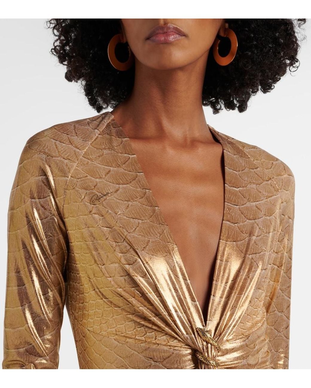 Roberto Cavalli Natural Embellished Snake-Print Midi Dress