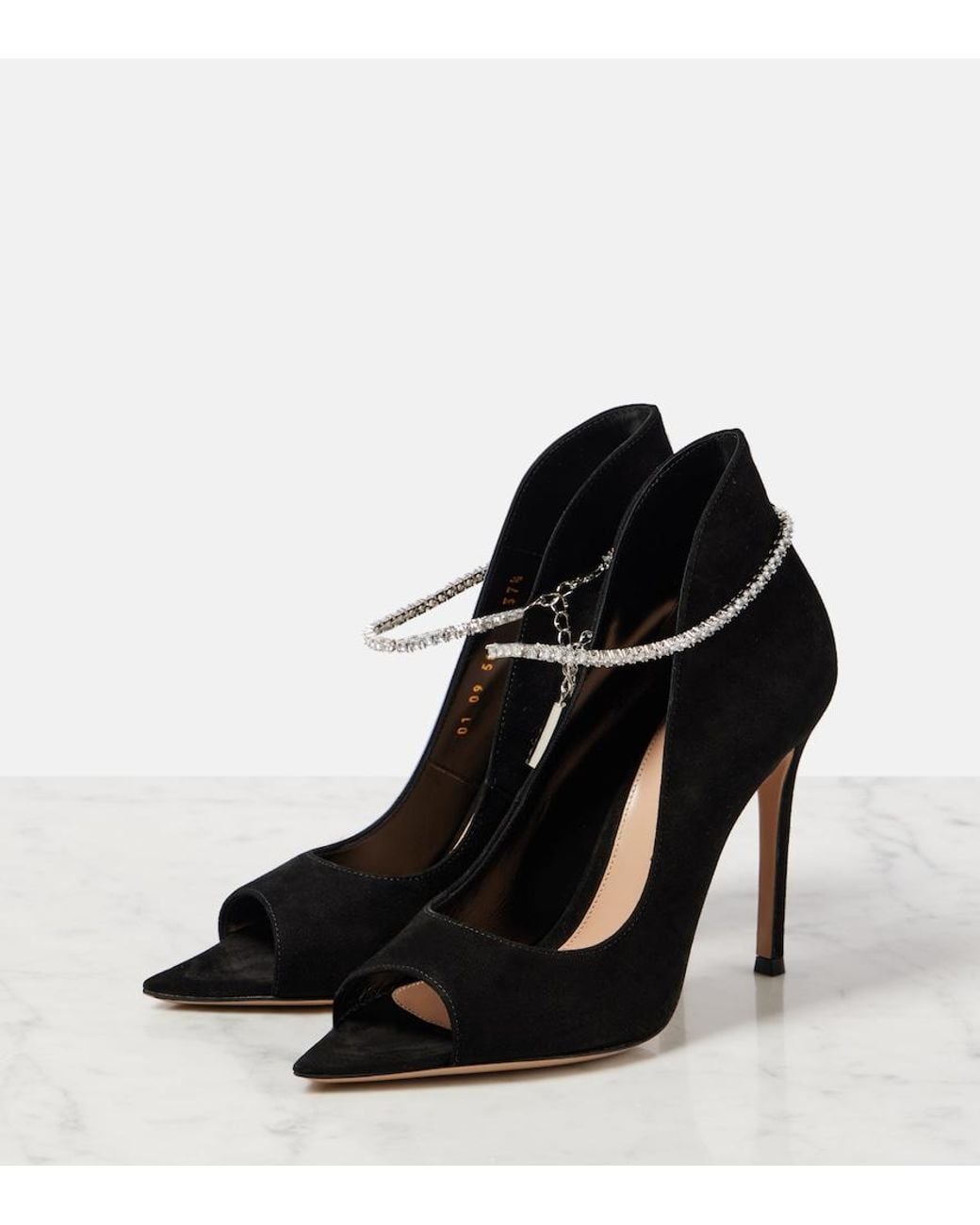 Gianvito Rossi Black Crystal-Embellished Suede Peep-Toe Pumps
