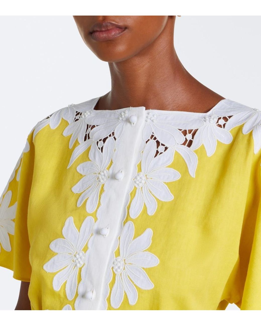 Valentino Garavani Yellow Embroidered Linen Midi Dress