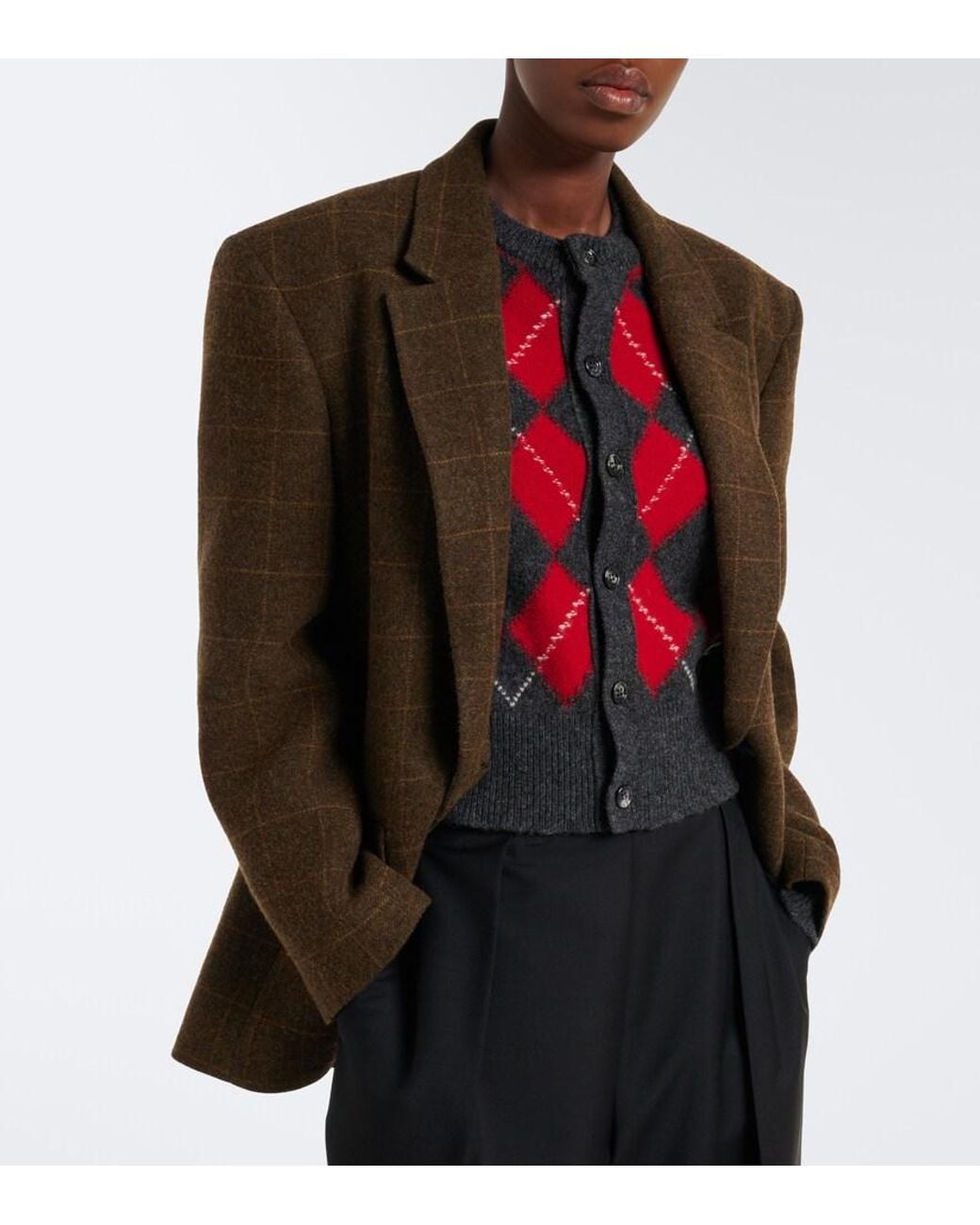 AMI Red Argyle Virgin Wool Cardigan