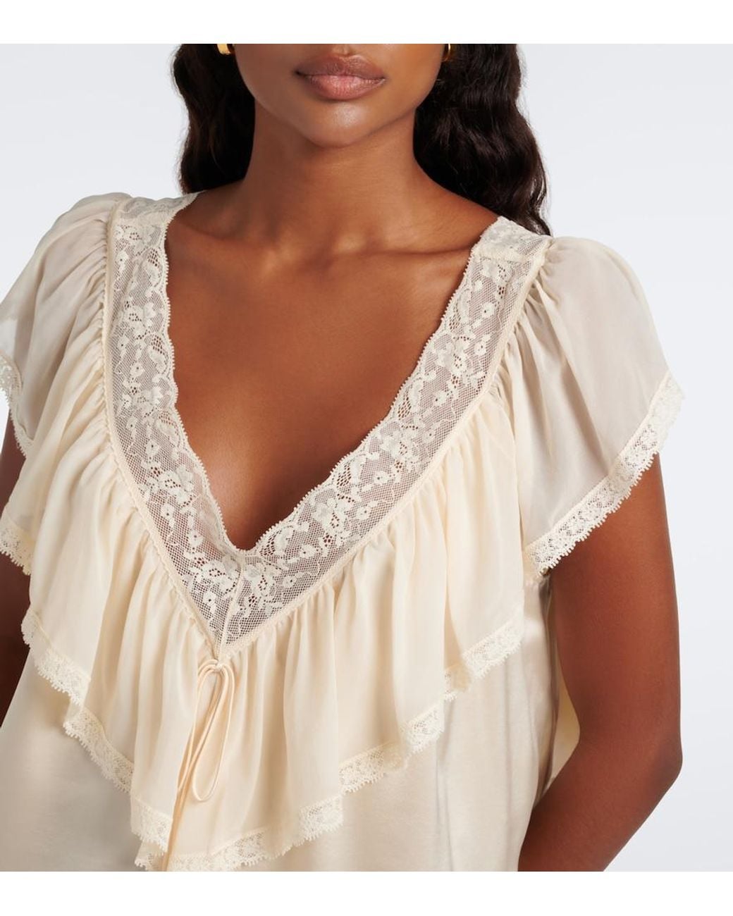 Doen Natural Yadira Lace-Trimmed Ruffled Silk Blouse