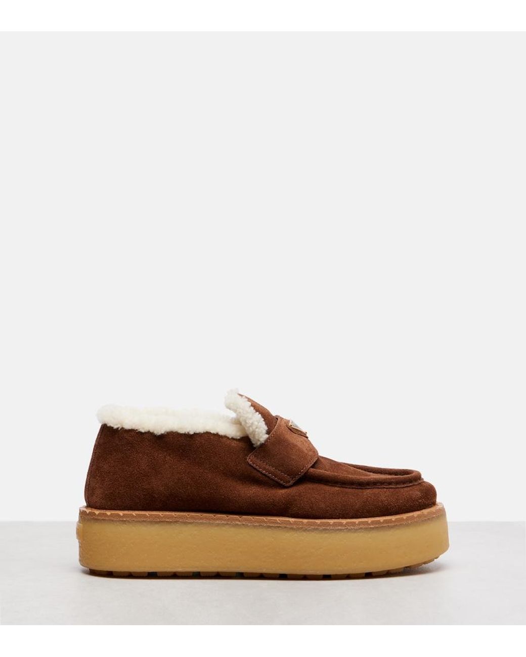 Prada Brown Plateau-Loafers Aus Veloursleder Mit Shearling