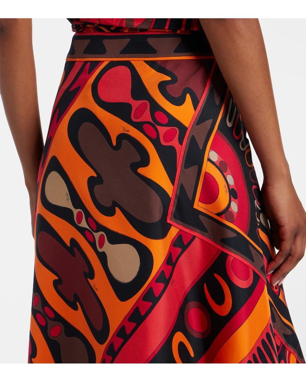Emilio Pucci Red Soleil Asymmetric Silk Twill Midi Skirt
