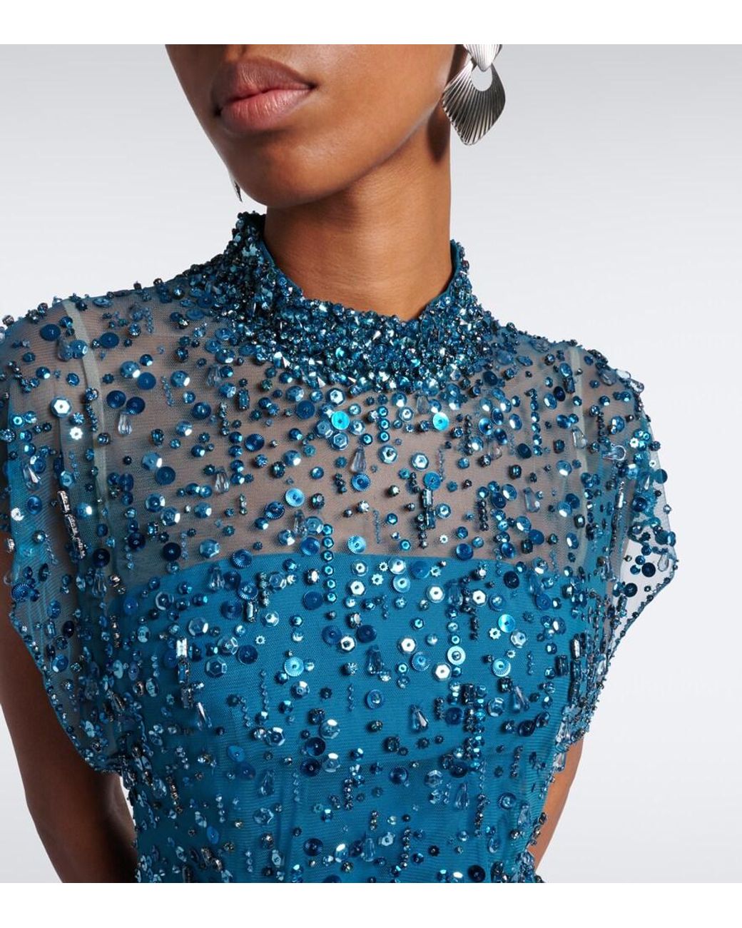 Jenny Packham Blue Crystal Drop Embellished Gown