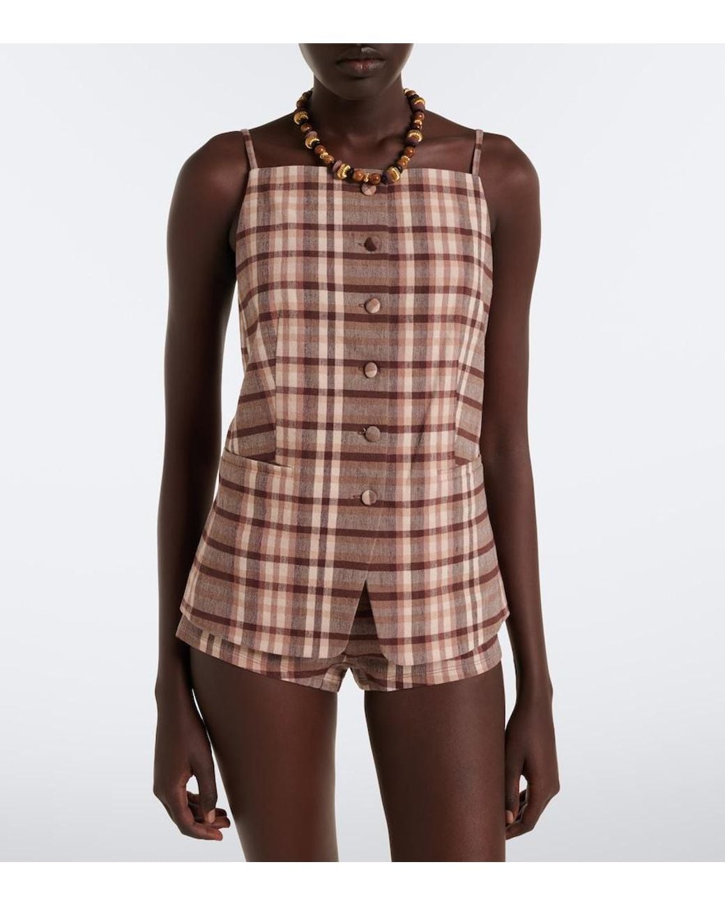 Staud Pink Nilo Checked Linen-Blend Shorts