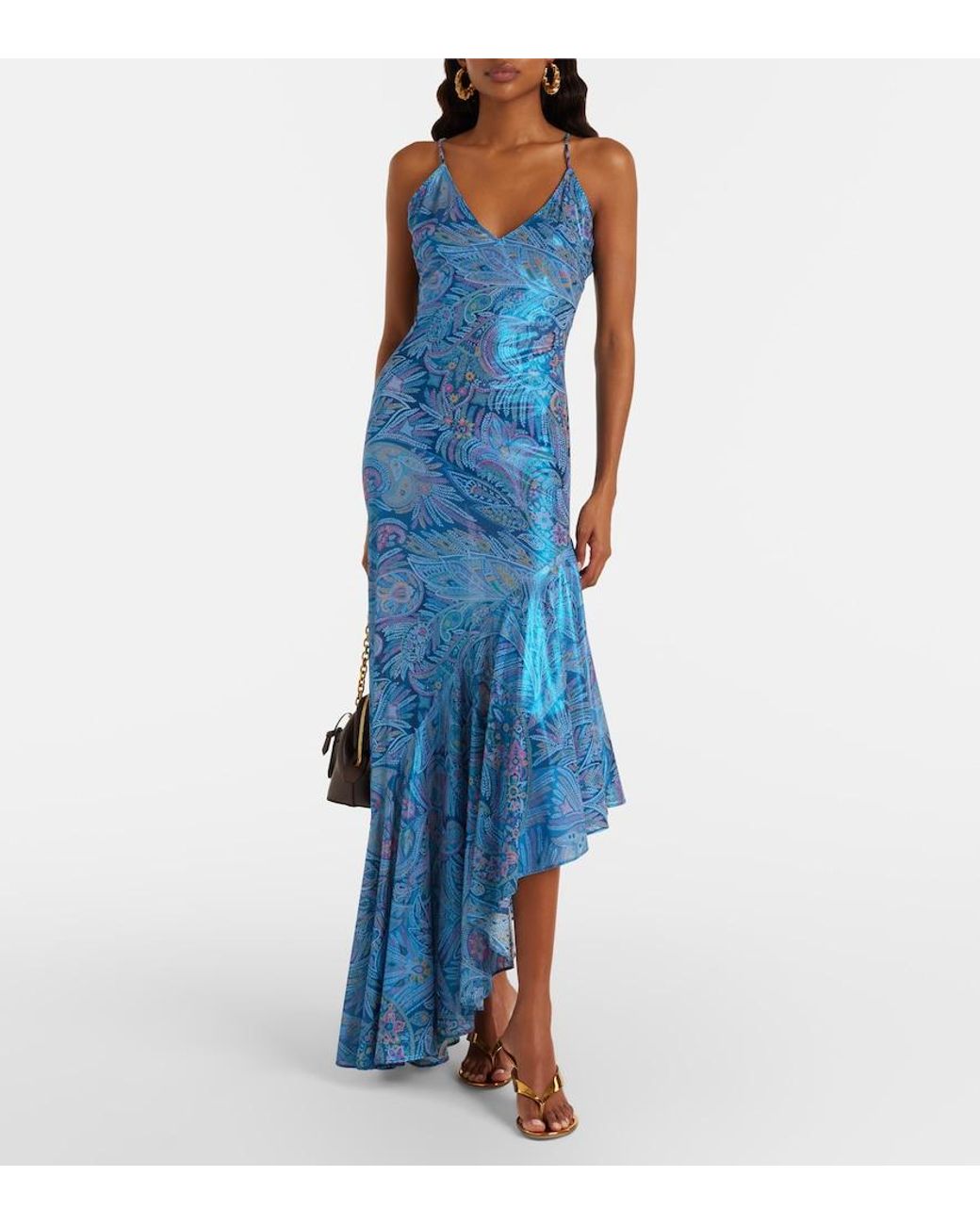 Etro Blue Paisley Asymmetric Ruffled Midi Dress