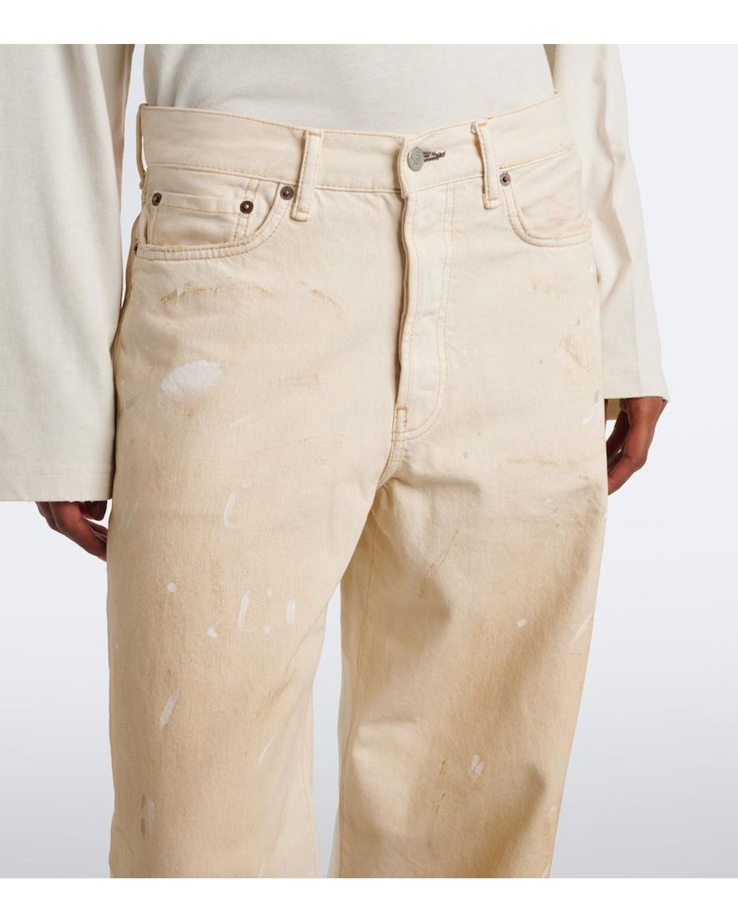 Acne Natural Distressed Leather-Trimmed Wide-Leg Jeans