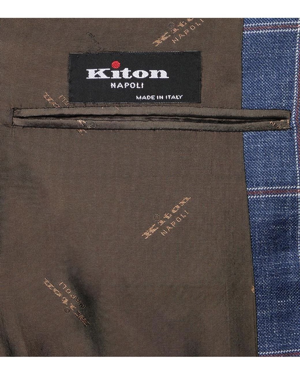Kiton Blue Checked Cashmere, Wool, Silk, And Linen Blazer for men