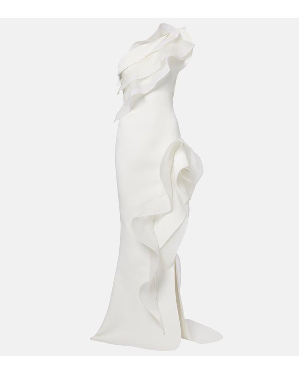 Maticevski White Excitement Ruffled One-Shoulder Gown
