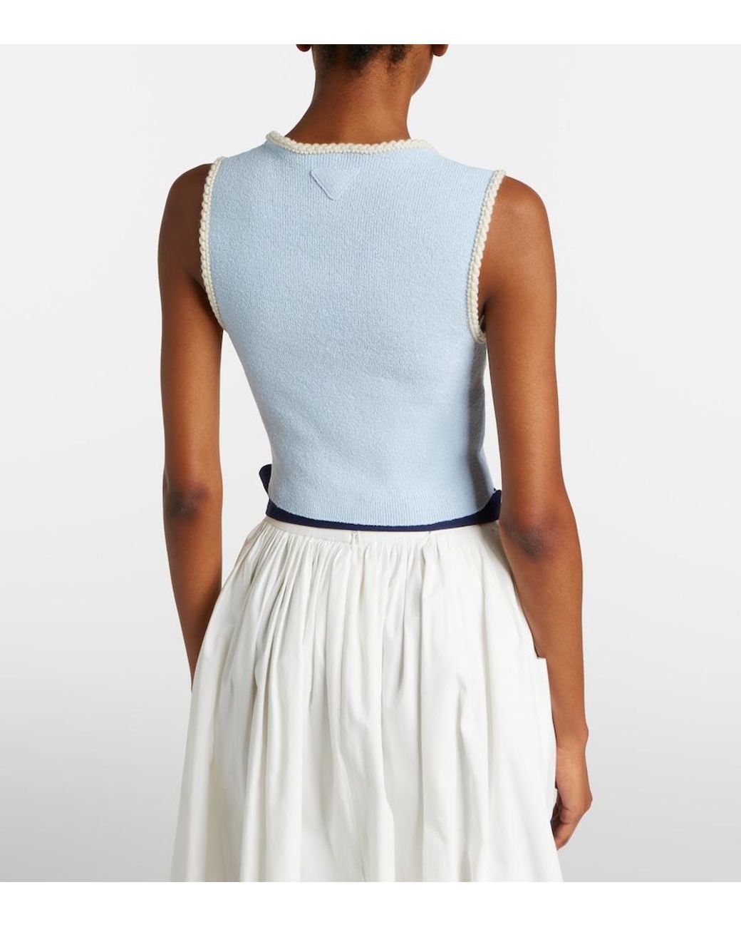 Prada Blue Embellished Cotton-Blend Boucle Crop Top