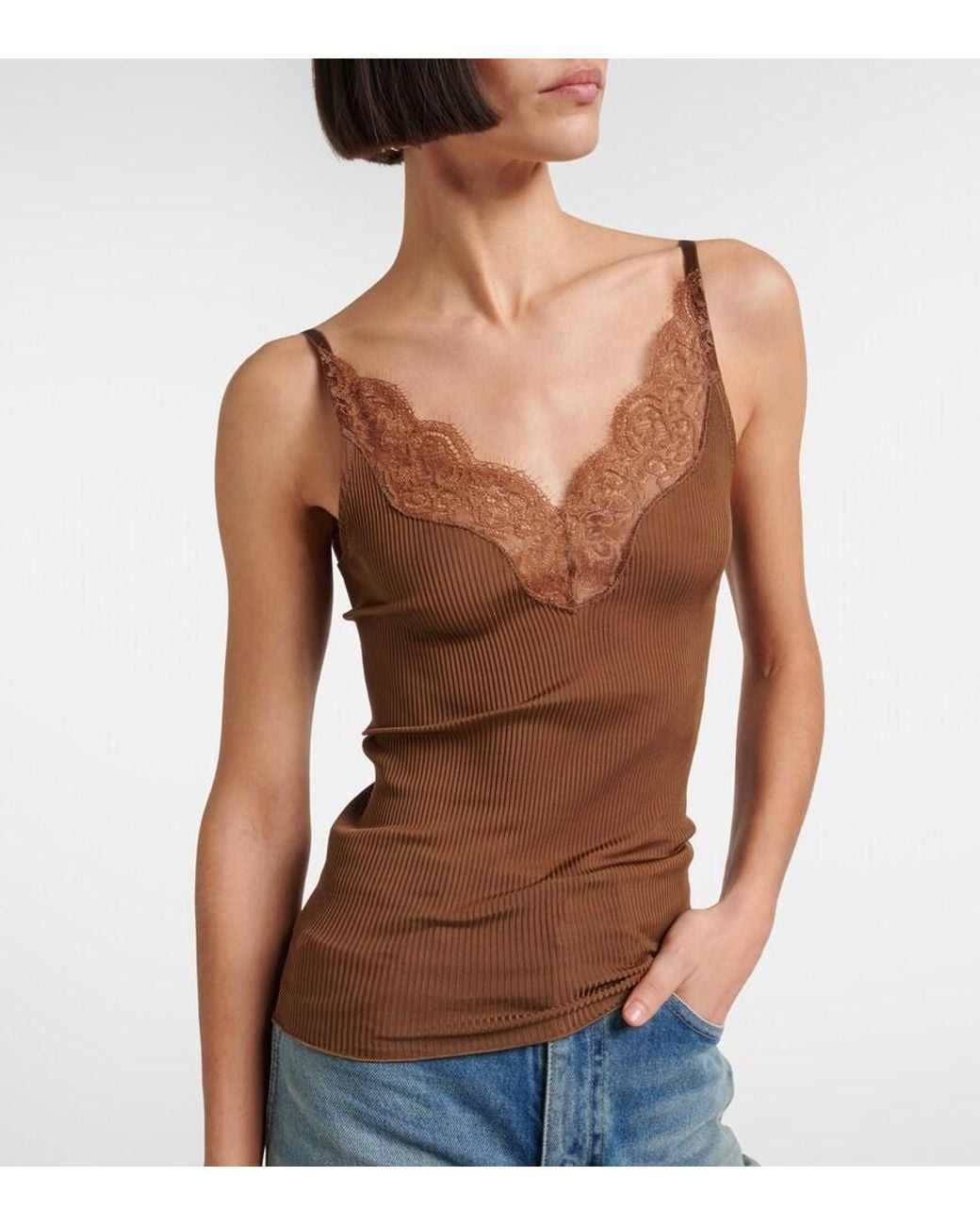 Tank Top Acanalado De Seda Con Encaje Saint Laurent de color Brown