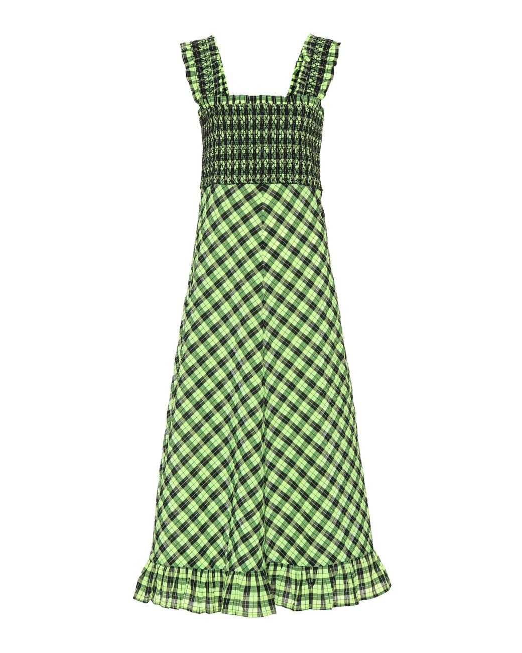 Ganni Checked Seersucker Midi Dress in Green | Lyst