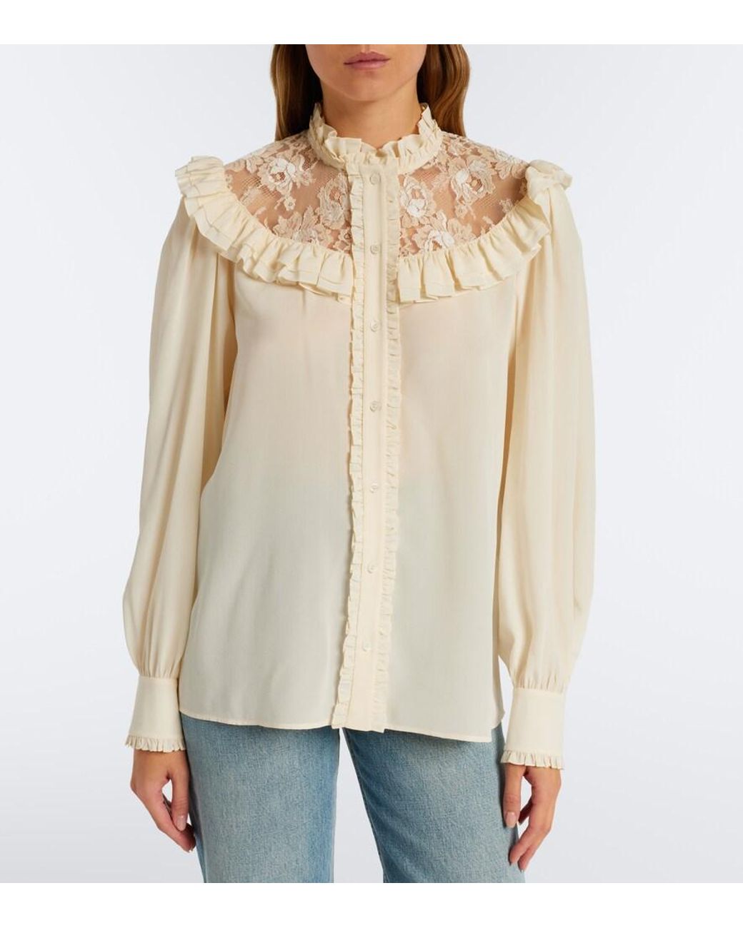 Chloé White Lace-Trimmed Silk Crepe De Chine Blouse