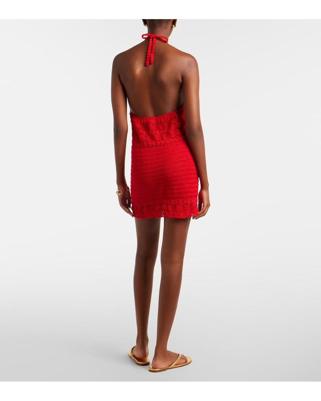 Anna Kosturova Red Filigree Crochet Cotton Minidress