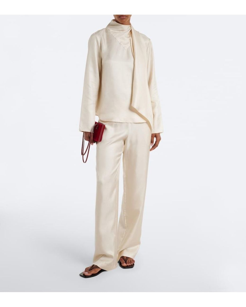 Loulou de Saison White Gala Draped Scarf-Detail Silk Twill Top