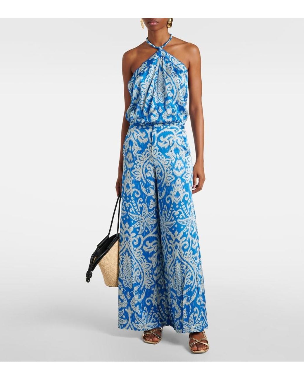 Poupette Blue Clea High-Rise Printed Wide-Leg Pants