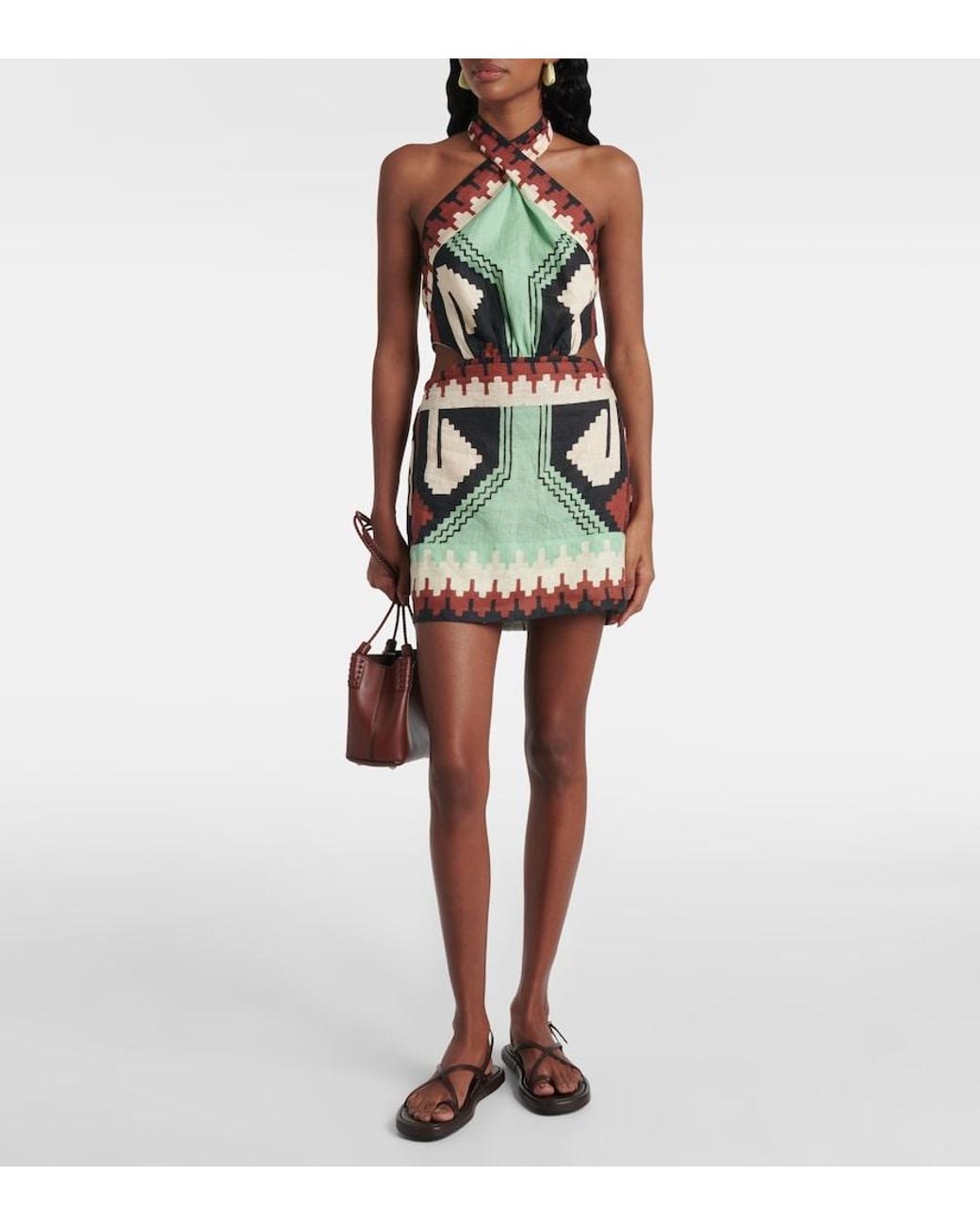 Johanna Ortiz Green Printed Halterneck Linen Minidress