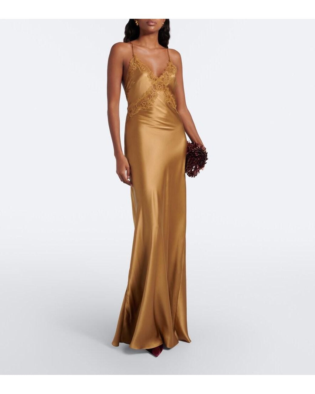 Rebecca Vallance Metallic Windsor Lace-Trimmed Silk Satin Slip Dress