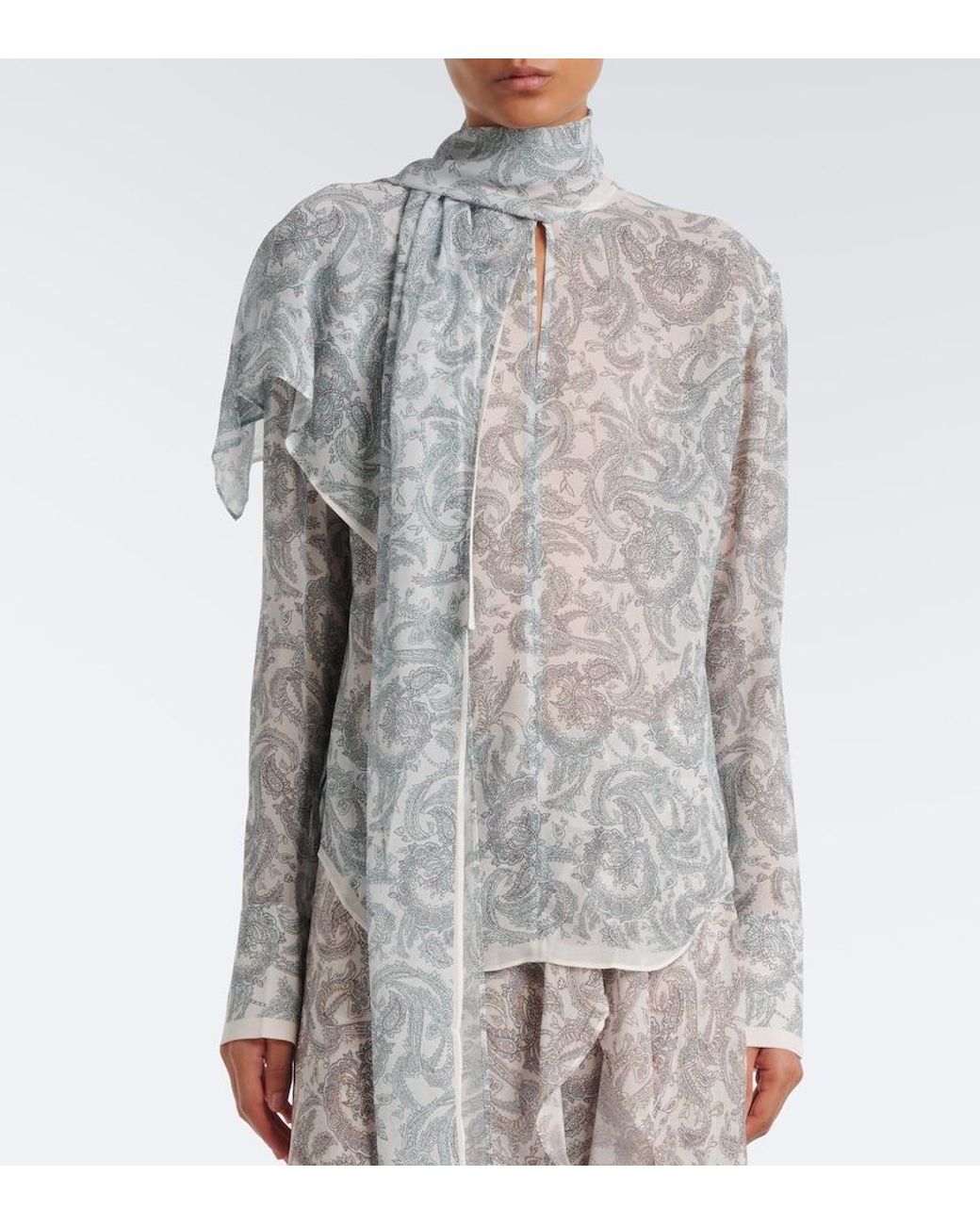 Acne Blue Caped Paisley Silk Crepe Blouse