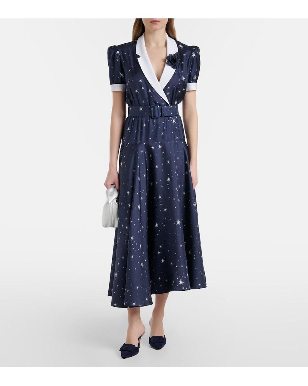 Rodarte Blue Printed Silk Twill Midi Dress