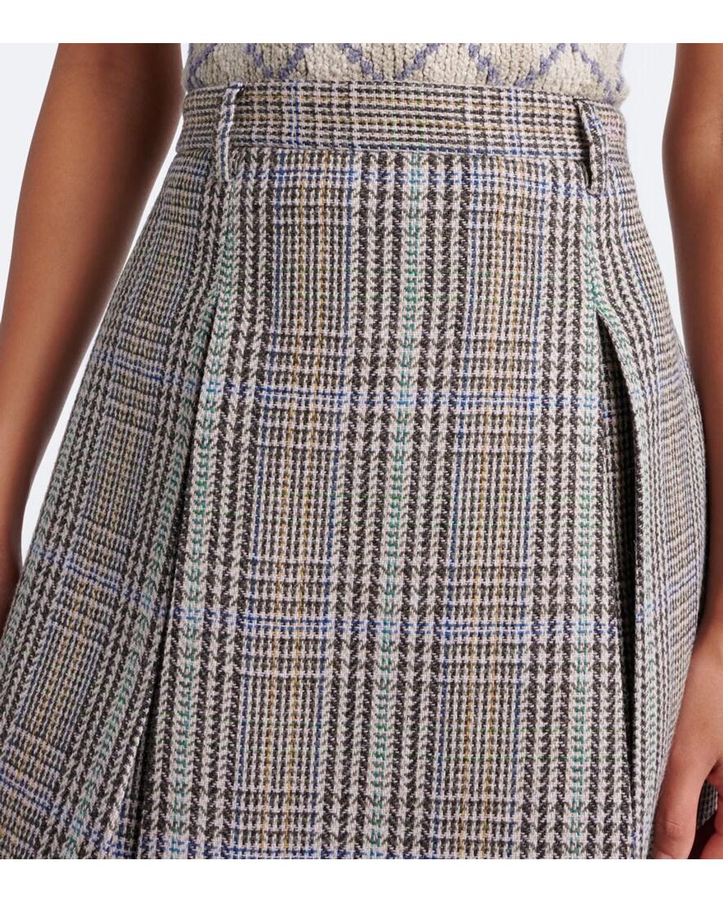 Acne Gray Checked Pleated Wool Midi Skirt