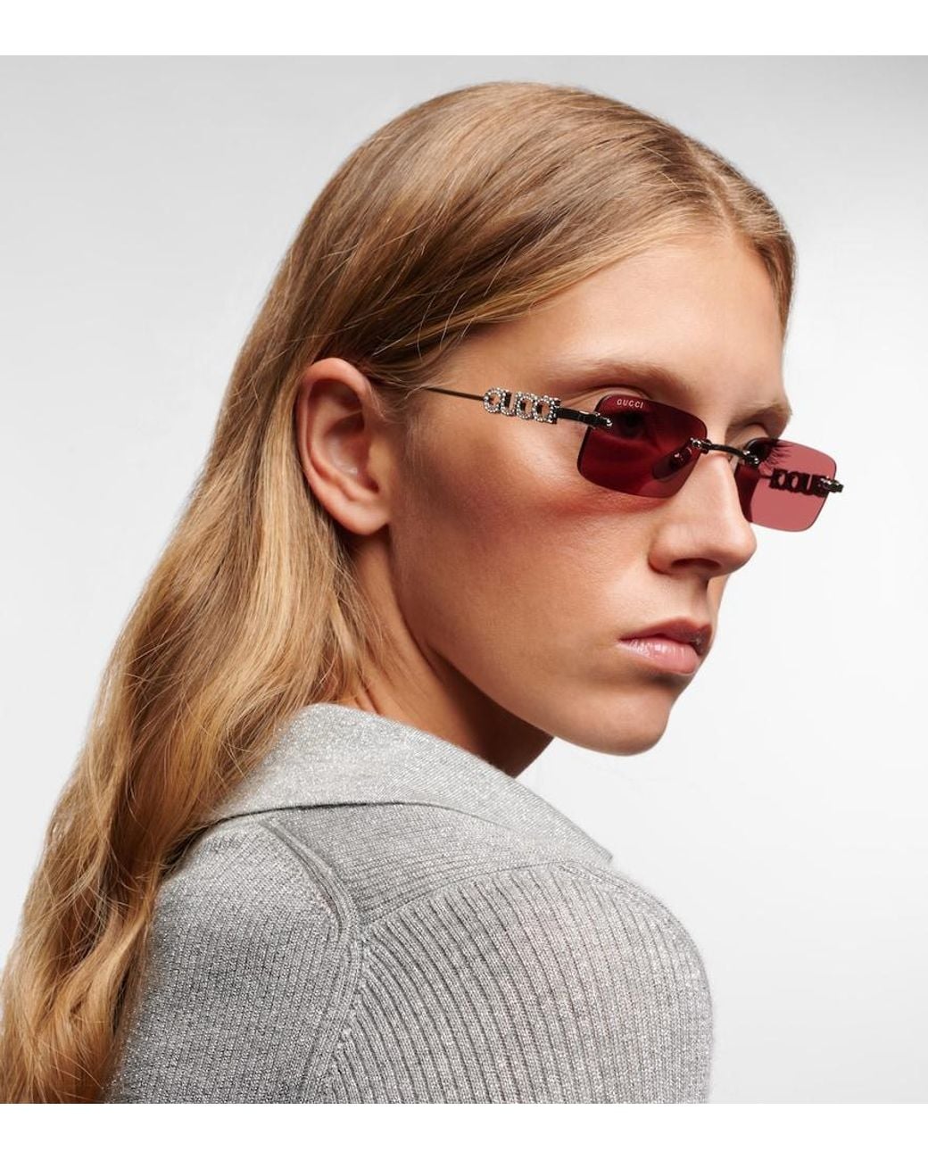 Gucci Pink Logo Embellished Rectangular Sunglasses