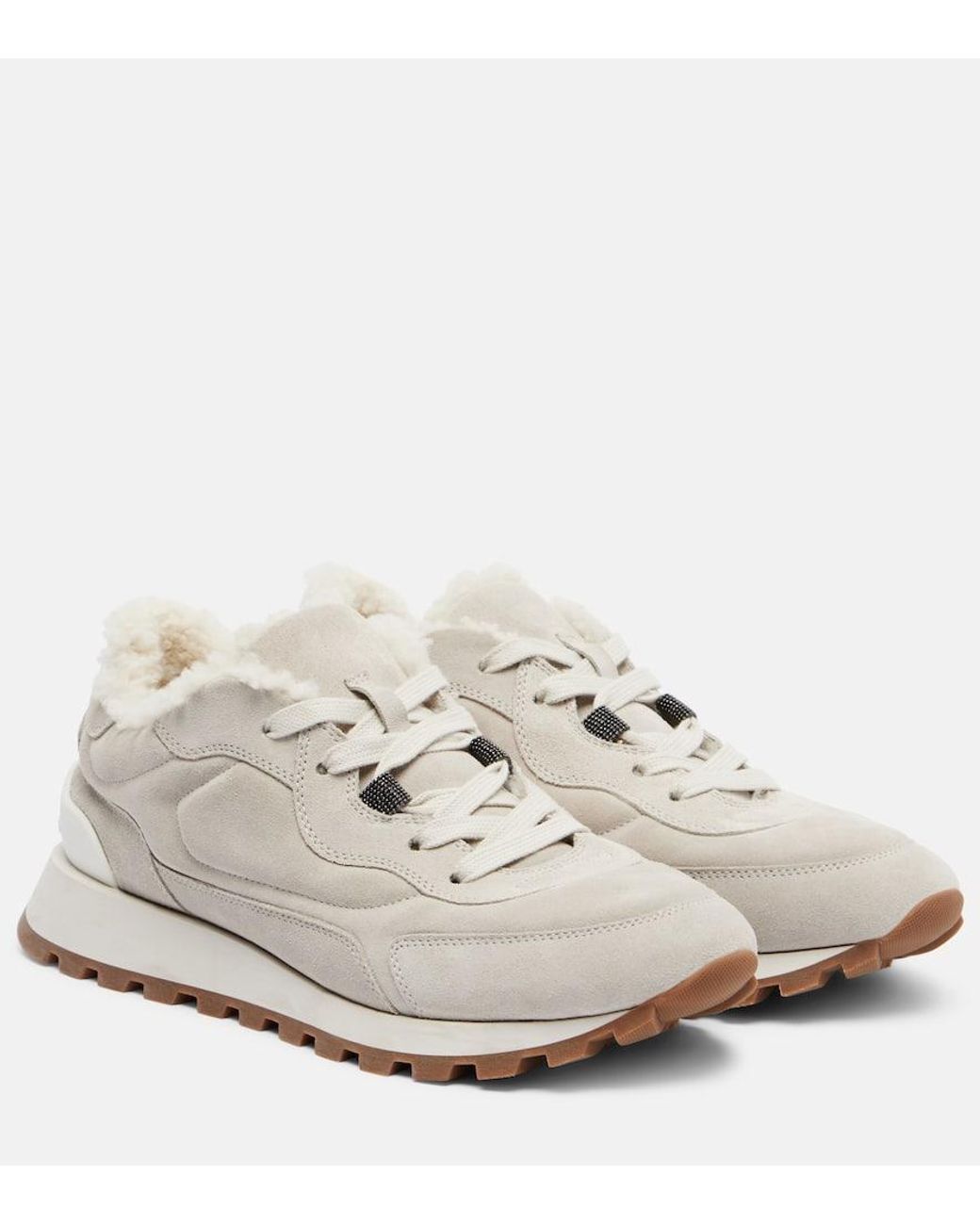 Brunello Cucinelli White Shearling-Lined Suede Low-Top Sneakers