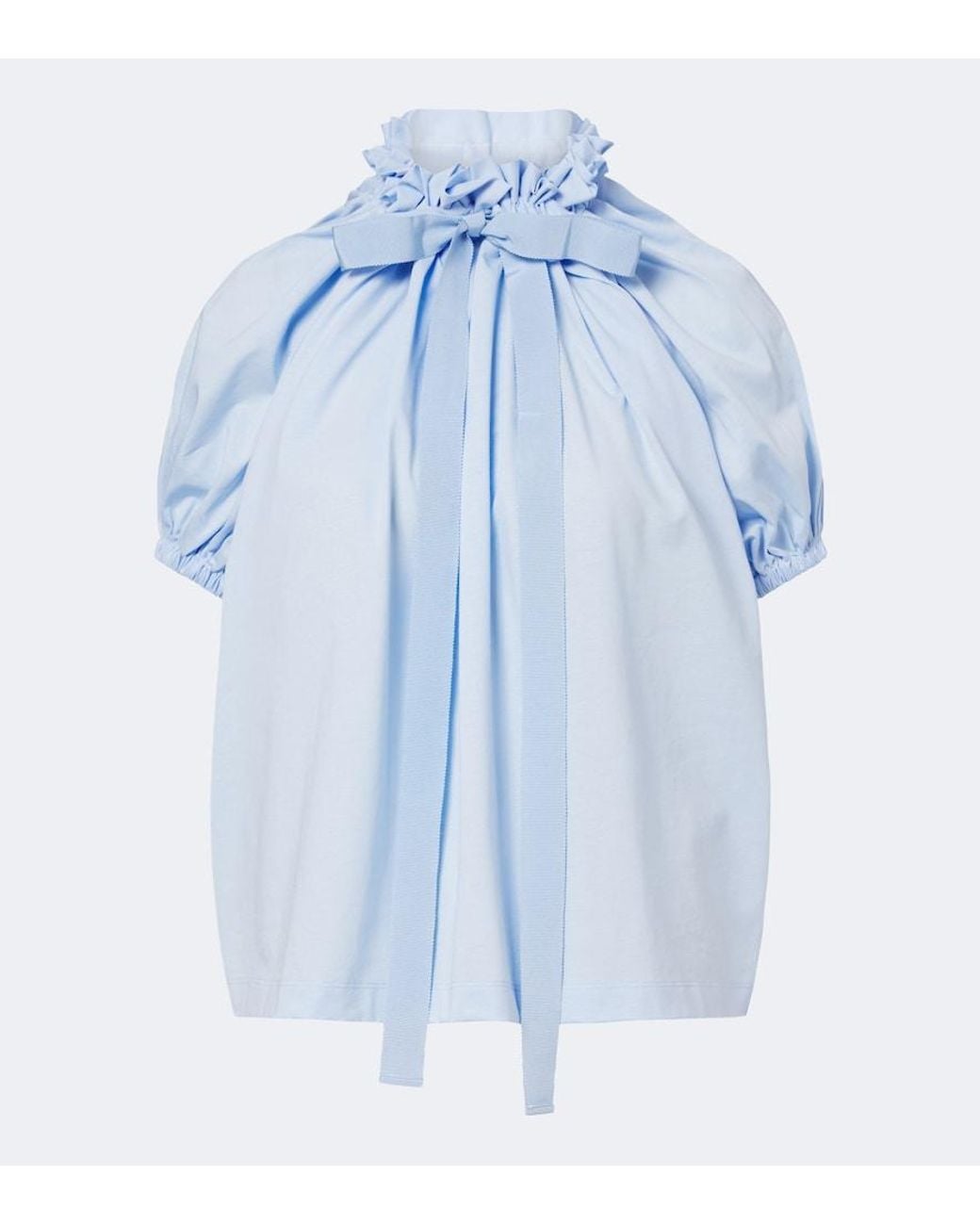 Patou Blue Bow-Detail Gathered Cotton Jersey Top