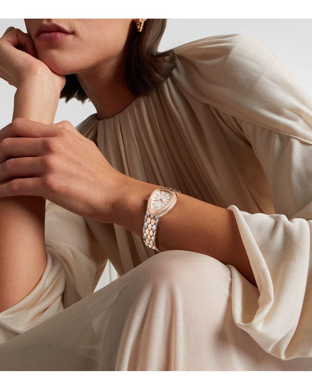 BVLGARI White Serpenti Seduttori 18Kt Rose And Steel Watch With Diamonds