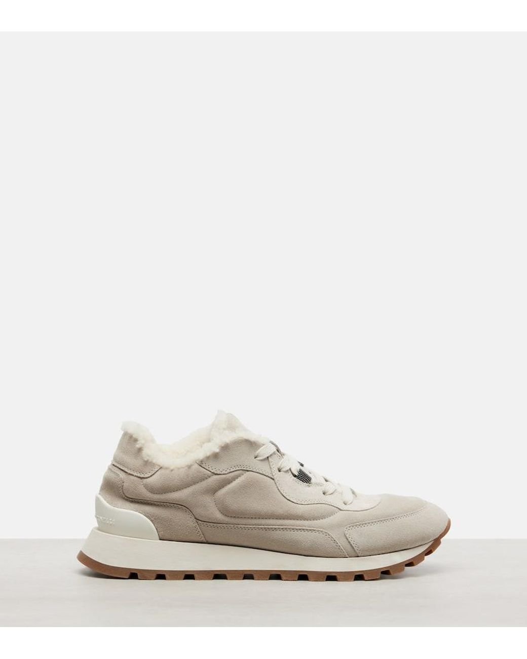 Brunello Cucinelli White Shearling-Lined Suede Low-Top Sneakers