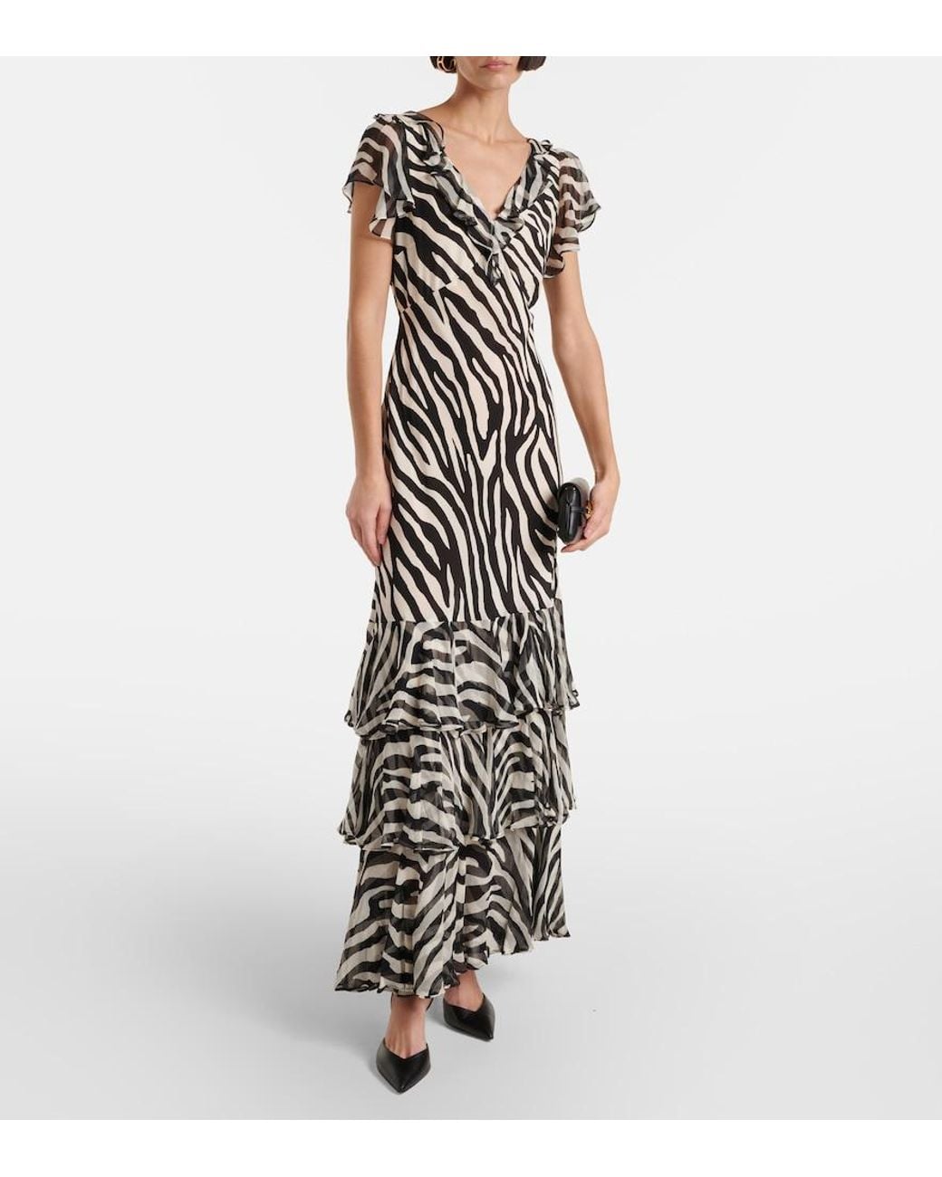 Rixo White Amelle Zebra-Print Ruffled Silk Maxi Dress