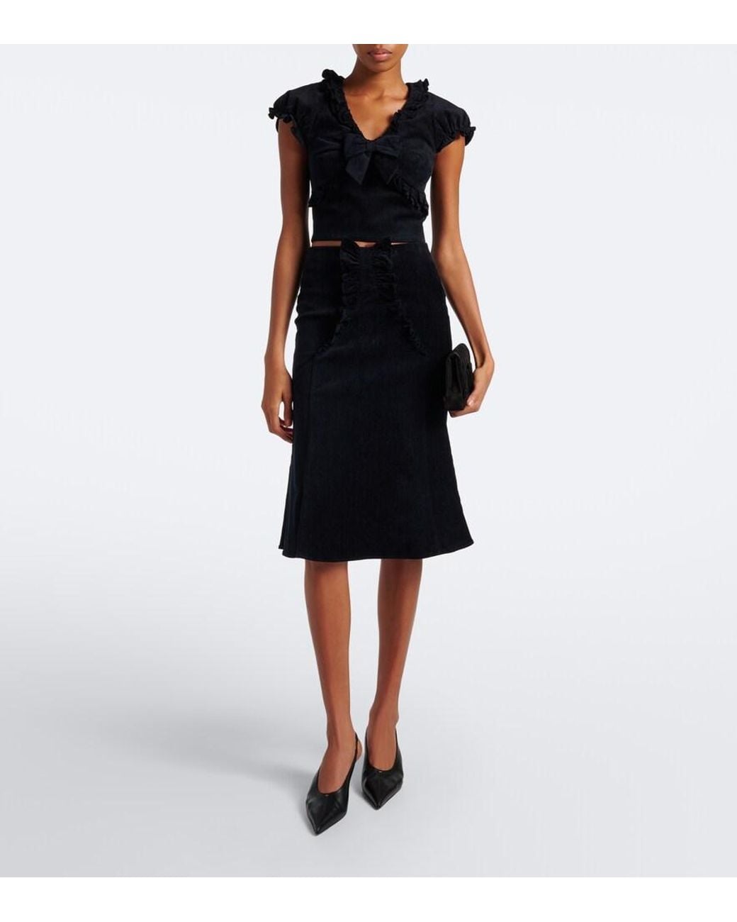 ShuShu/Tong Black Embellished Ruffled Cotton-Blend Top