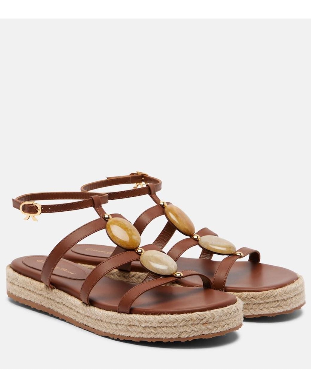 Gianvito Rossi Brown Embellished Leather Espadrille Sandals