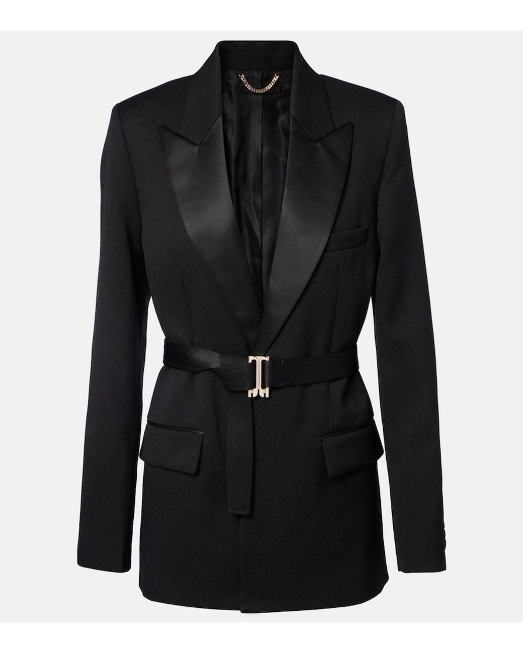 Victoria Beckham Black Belted Satin-Trimmed Blazer