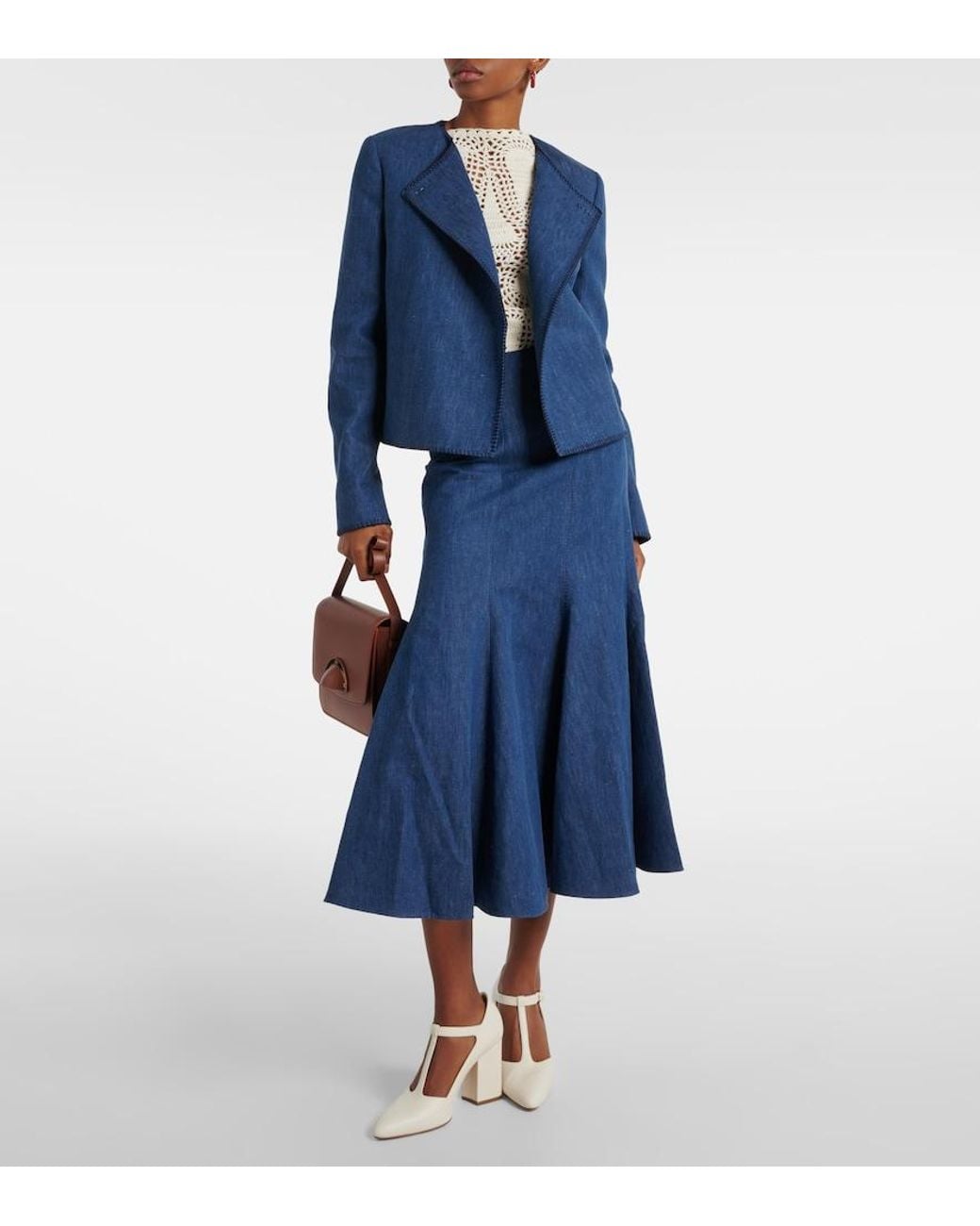 Gabriela Hearst Blue Amy Flared Cotton And Linen Midi Skirt