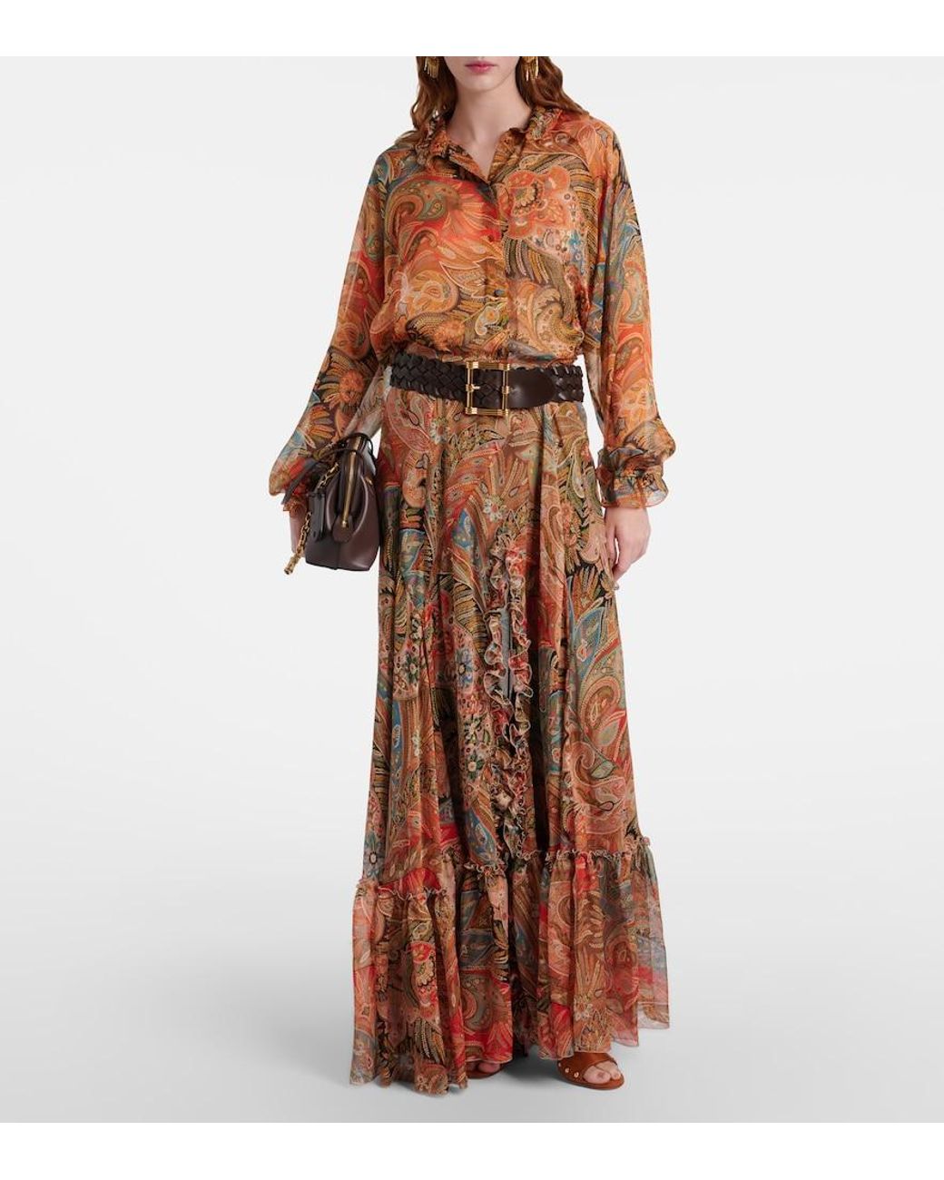 Etro Brown Printed Silk Maxi Skirt