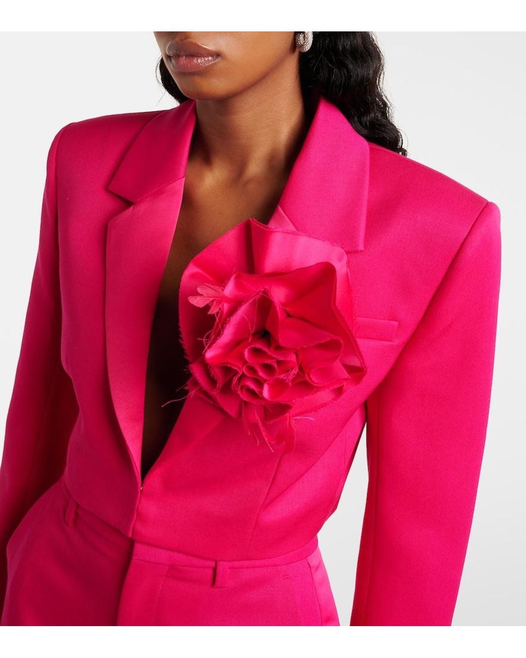 Area Pink Floral-Applique Cropped Wool Blazer