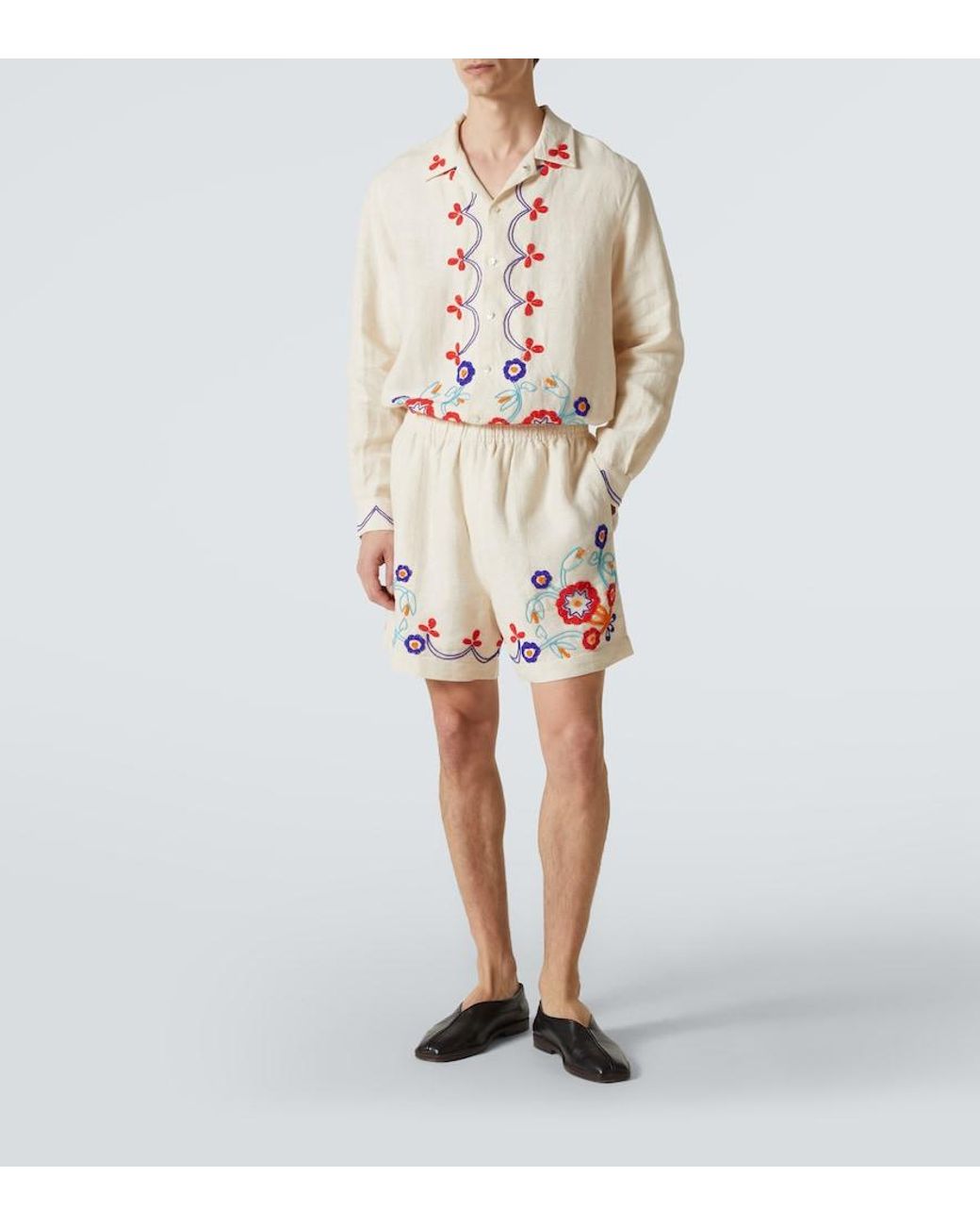 Bode White Garden Party Beaded Linen Bermuda Shorts for men
