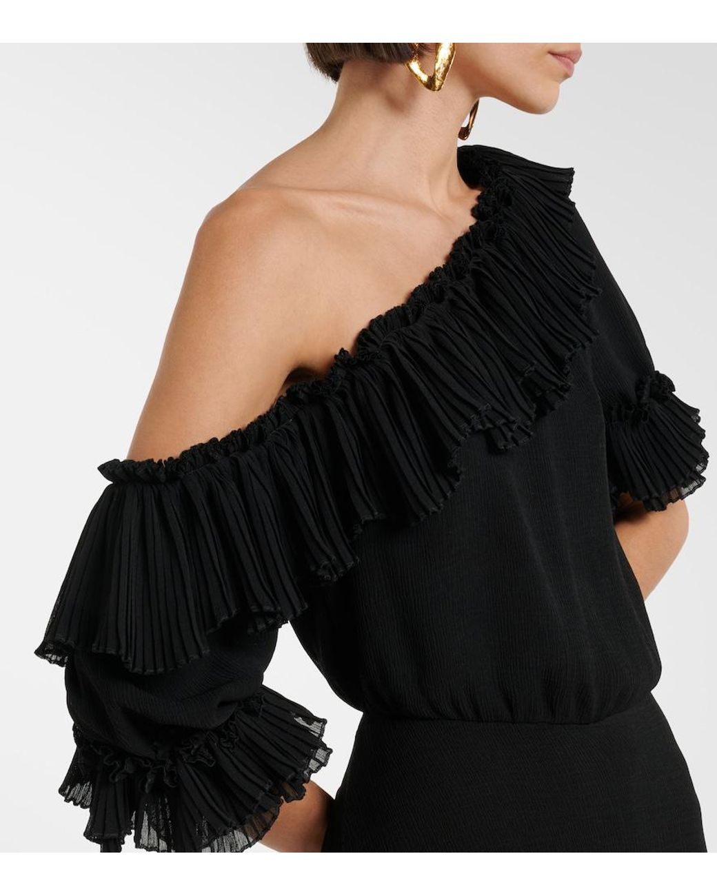 Saint Laurent Black Ruffled Silk Crepon Minidress