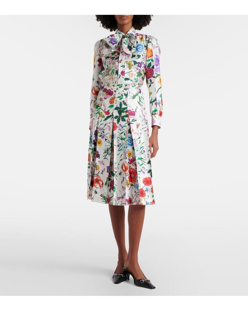Gucci White Flora Pleated Silk Midi Skirt